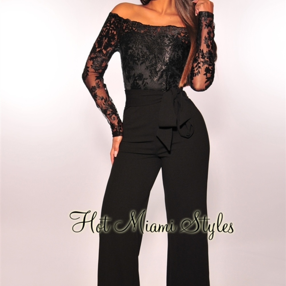 Hot Miami Styles Black Embroidered Lace Jumpsuit